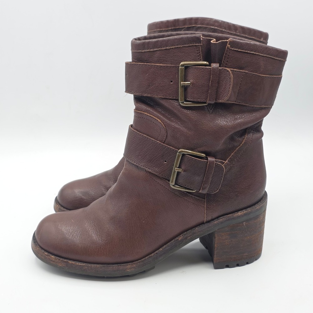Sam Edelman Moto Boots Women's Brown Leather Buckle Biker Block Heel Lug Sole